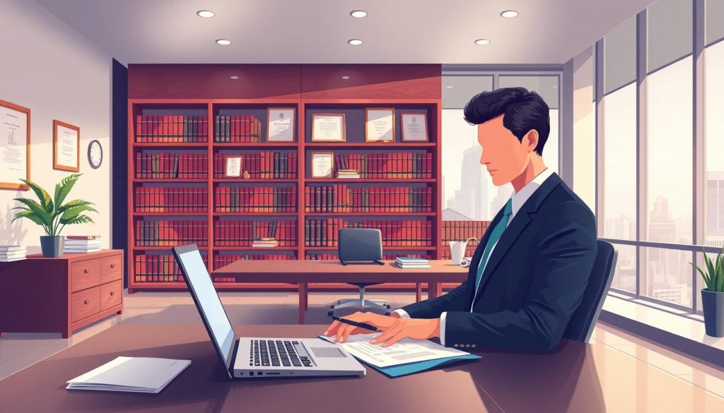a detailed digital illustration of a professional attorney's responsibilities, set in a modern law office interior. in the foreground, an attorney's desk with a laptop, pen, and legal documents. in the middle ground, a large bookshelf filled with law books and framed certificates on the wall. the background depicts large windows overlooking a city skyline, with soft, natural lighting filtering through. the overall atmosphere is one of expertise, diligence, and the gravity of legal work. a detailed digital illustration of a professional attorney's responsibilities, set in a modern law office interior. in the foreground, an attorney's desk with a laptop, pen, and legal documents. in the middle ground, a large bookshelf filled with law books and framed certificates on the wall. the background depicts large windows overlooking a city skyline, with soft, natural lighting filtering through. the overall atmosphere is one of expertise, diligence, and the gravity of legal work.