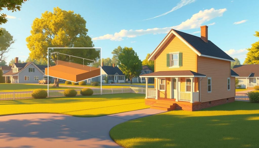 a detailed digital illustration of a residential property with a hold over relief feature, showcasing the common misconception about its purpose. the house is in the foreground, bathed in warm afternoon sunlight, with a well-manicured lawn and a tidy driveway leading to the front door. in the middle ground, a prominent architectural detail - a raised platform or porch with a slight incline - stands out, suggesting the hold over relief mechanism. the background features a peaceful suburban neighborhood with other homes, trees, and a clear blue sky. the overall mood is one of tranquility and domesticity, subtly hinting at the misunderstood nature of this common residential feature.