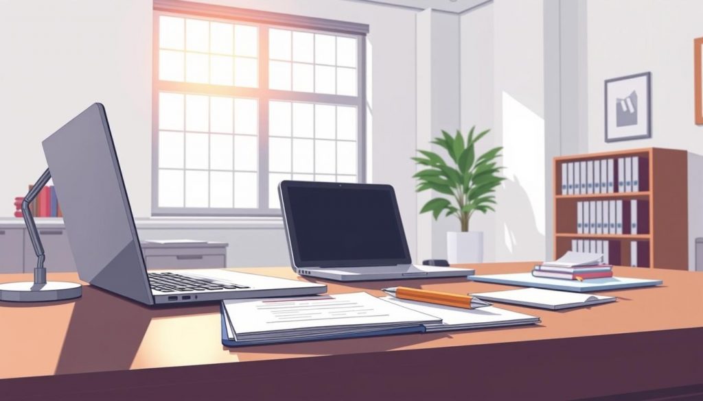 a detailed digital illustration of an attorney's desk with paperwork, a laptop, and a pen, set against a clean, minimalist office environment with white walls and natural lighting streaming in through large windows. The desk is neatly organized, with a single envelope prominently displayed, representing the "address change" aspect. The lighting is soft and diffused, creating a professional and focused atmosphere. The scene conveys a sense of efficiency and attention to detail, reflecting the "common mistakes to avoid" theme of the article section.