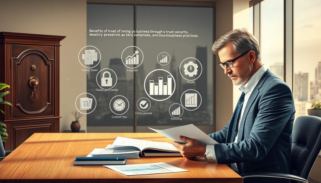 a detailed, high-quality rendering of the benefits of running a business through a trust, showcasing a well-lit, warm and inviting office environment with a focus on financial security, wealth preservation, and sound business practices. The foreground depicts a trustee or financial advisor discussing documents with a business owner, conveying a sense of trust, professionalism and collaboration. The middle ground features visual metaphors for the key benefits of a trust, such as a secure safe, a family heirloom, and financial charts. The background depicts a cityscape or skyline, symbolizing the broader economic and legal context in which the trust operates. The lighting is soft and natural, creating a calming, authoritative atmosphere. a detailed, high-quality rendering of the benefits of running a business through a trust, showcasing a well-lit, warm and inviting office environment with a focus on financial security, wealth preservation, and sound business practices. The foreground depicts a trustee or financial advisor discussing documents with a business owner, conveying a sense of trust, professionalism and collaboration. The middle ground features visual metaphors for the key benefits of a trust, such as a secure safe, a family heirloom, and financial charts. The background depicts a cityscape or skyline, symbolizing the broader economic and legal context in which the trust operates. The lighting is soft and natural, creating a calming, authoritative atmosphere.