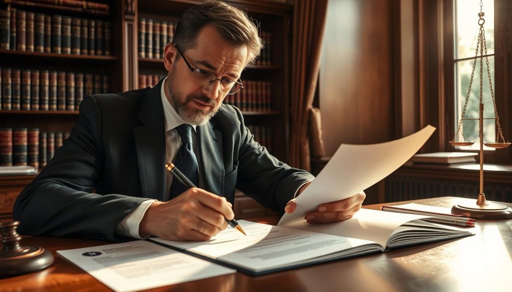 a detailed high-resolution image of a lawyer or legal professional reviewing and signing paperwork to close a trust in the UK, with a professional desk, bookshelf, and law books in the background, bathed in warm natural lighting coming through a window, creating a solemn and authoritative atmosphere befitting the legal gravity of the situation