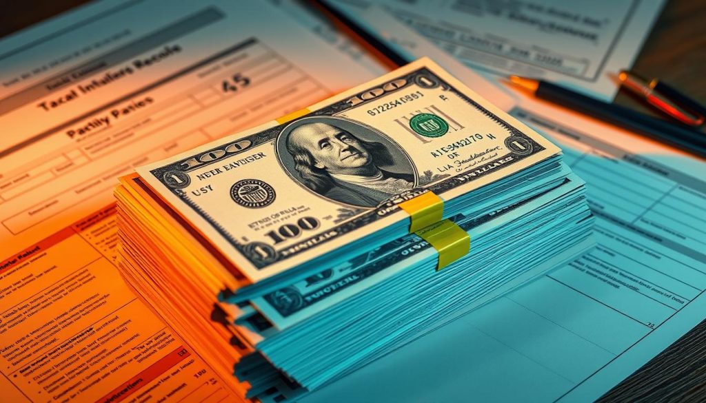 a detailed, high-resolution, photorealistic digital illustration of "capital gains tax relief", depicting a stack of US dollar bills with tax forms and documents in the background, illuminated by warm, directional lighting from the top-left, creating dramatic shadows and highlights that emphasize the key elements. The composition should be balanced and visually striking, conveying a sense of financial security and tax planning. The overall mood should be serious and professional, reflecting the subject matter.