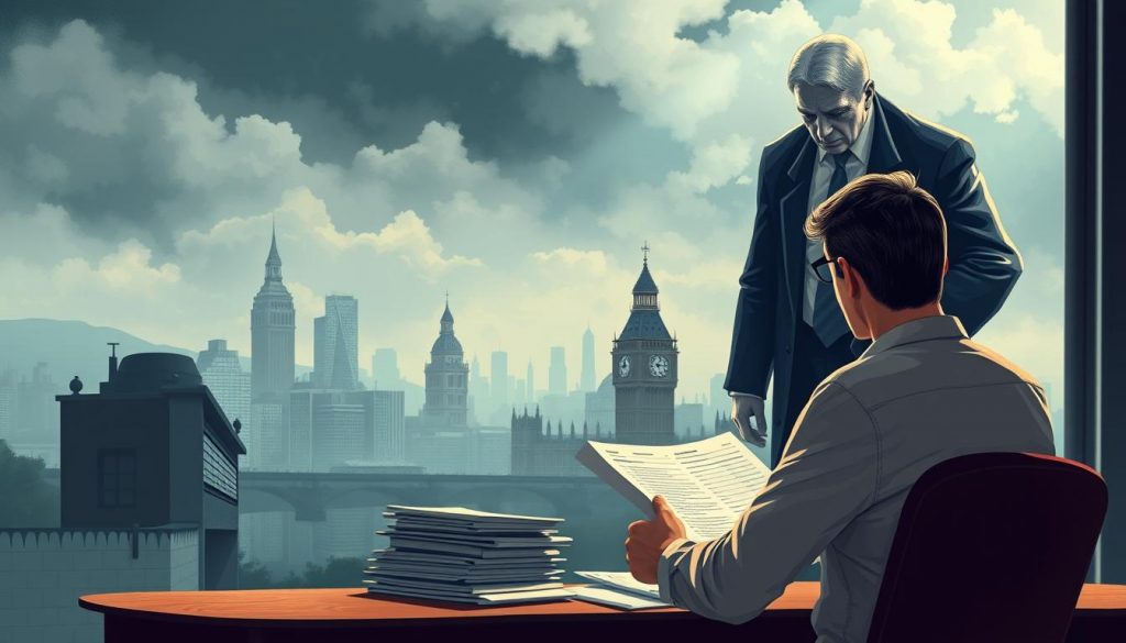 a detailed illustration of a person's financial inheritance and the implications of inheritance tax in the UK, featuring a foreground with a person sitting at a desk reviewing documents, a middle ground with a looming figure representing the government and inheritance tax, and a background with a cityscape and financial charts, all rendered with a realistic, high-quality style and soft, dramatic lighting to convey the gravity and complexity of the topic a detailed illustration of a person's financial inheritance and the implications of inheritance tax in the UK, featuring a foreground with a person sitting at a desk reviewing documents, a middle ground with a looming figure representing the government and inheritance tax, and a background with a cityscape and financial charts, all rendered with a realistic, high-quality style and soft, dramatic lighting to convey the gravity and complexity of the topic