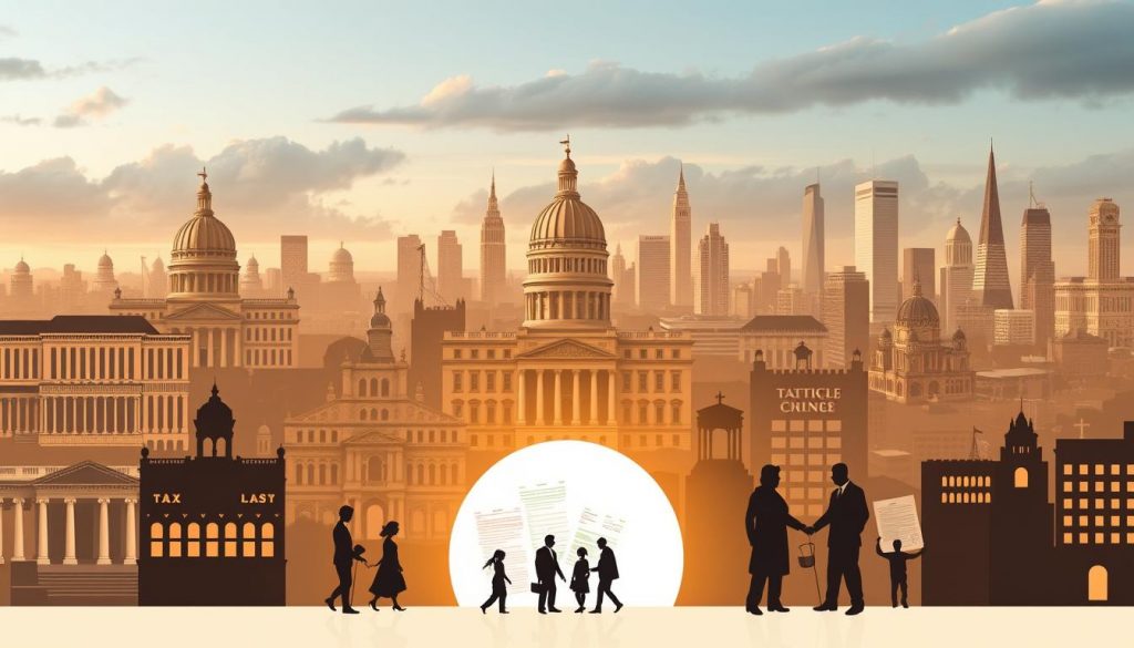 a detailed illustration of inheritance tax legislation changes over time, showing different eras and policies represented by architectural structures and symbolic elements. The foreground depicts a central focal point with various government buildings, legislative halls, and tax offices, conveying the evolving nature of inheritance tax laws. The middle ground features silhouettes of people, families, and financial documents, symbolizing the personal and societal impact of these legislative changes. The background showcases a skyline with a mix of vintage and modern buildings, representing the historical progression of inheritance tax policies. The scene is illuminated by warm, golden lighting, creating a sense of timelessness and the gradual evolution of this complex legislative landscape. a detailed illustration of inheritance tax legislation changes over time, showing different eras and policies represented by architectural structures and symbolic elements. The foreground depicts a central focal point with various government buildings, legislative halls, and tax offices, conveying the evolving nature of inheritance tax laws. The middle ground features silhouettes of people, families, and financial documents, symbolizing the personal and societal impact of these legislative changes. The background showcases a skyline with a mix of vintage and modern buildings, representing the historical progression of inheritance tax policies. The scene is illuminated by warm, golden lighting, creating a sense of timelessness and the gradual evolution of this complex legislative landscape.