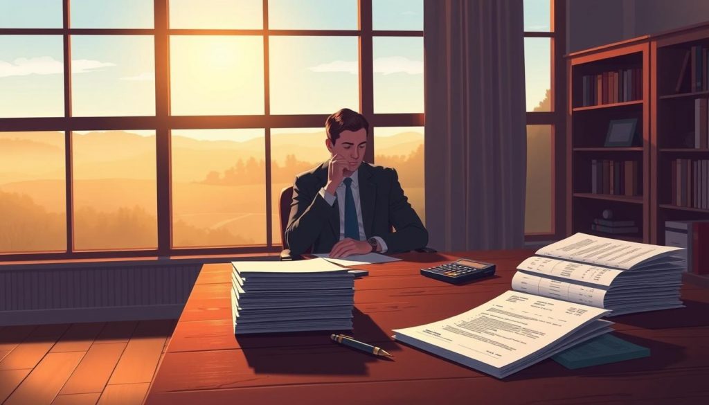 a detailed illustration of inheritance tax planning, depicting a peaceful, dimly lit room with a large wooden desk in the foreground, adorned with a stack of financial documents, a pen, and a calculator. In the middle ground, a well-dressed professional, likely a financial advisor or accountant, is sitting at the desk, deep in thought. The background features a large window overlooking a serene, natural landscape, casting a warm, golden glow throughout the scene. The overall mood is one of contemplation and careful consideration, reflecting the thoughtful nature of inheritance tax planning. a detailed illustration of inheritance tax planning, depicting a peaceful, dimly lit room with a large wooden desk in the foreground, adorned with a stack of financial documents, a pen, and a calculator. In the middle ground, a well-dressed professional, likely a financial advisor or accountant, is sitting at the desk, deep in thought. The background features a large window overlooking a serene, natural landscape, casting a warm, golden glow throughout the scene. The overall mood is one of contemplation and careful consideration, reflecting the thoughtful nature of inheritance tax planning.