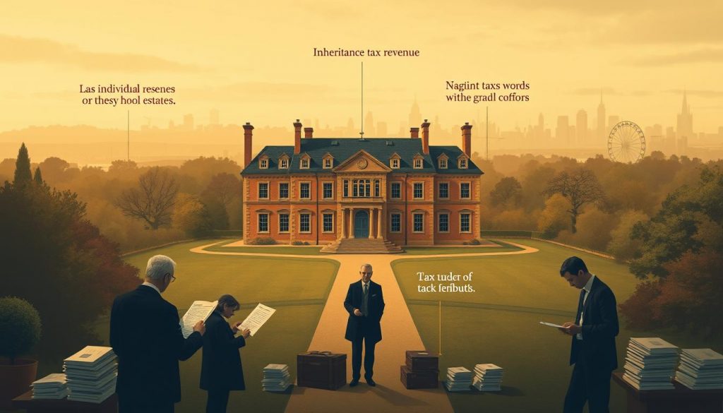 a detailed illustration of the distribution of inheritance tax revenue in the United Kingdom, depicting the flow of funds from individual estates to government coffers. The scene shows a stately manor house in the middleground, with accountants and tax officials processing paperwork in the foreground. In the background, a city skyline suggests the broader economic and social context. The lighting is warm and muted, conveying a sense of solemn gravity. The composition emphasizes the systematic, bureaucratic nature of the inheritance tax system, with attention to the technical details of tax calculations and payments. a detailed illustration of the distribution of inheritance tax revenue in the United Kingdom, depicting the flow of funds from individual estates to government coffers. The scene shows a stately manor house in the middleground, with accountants and tax officials processing paperwork in the foreground. In the background, a city skyline suggests the broader economic and social context. The lighting is warm and muted, conveying a sense of solemn gravity. The composition emphasizes the systematic, bureaucratic nature of the inheritance tax system, with attention to the technical details of tax calculations and payments.
