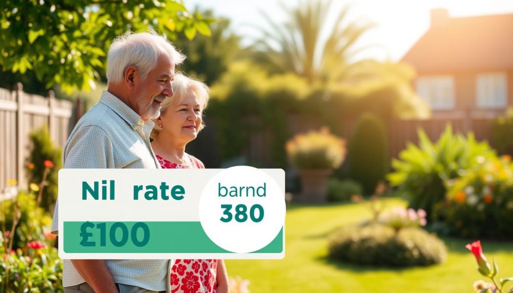 a detailed illustration of the inheritance tax nil rate band concept, showing a middle-aged couple standing in a sunny, tranquil garden, with a stylized visual representation of the nil rate band exemption amount displayed prominently in the foreground, conveying a sense of financial security and understanding of tax regulations a detailed illustration of the inheritance tax nil rate band concept, showing a middle-aged couple standing in a sunny, tranquil garden, with a stylized visual representation of the nil rate band exemption amount displayed prominently in the foreground, conveying a sense of financial security and understanding of tax regulations