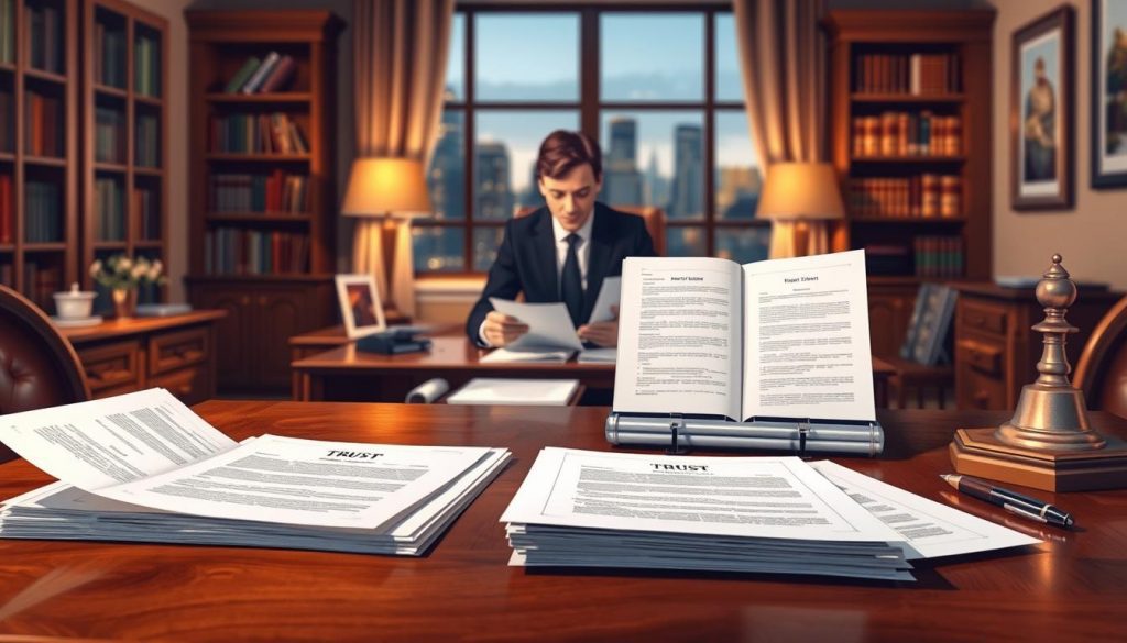 a detailed illustration of the step-by-step process to register a trust in the UK, captured in a realistic rendering with a warm and inviting atmosphere. The foreground showcases the key documents and paperwork involved, such as trust deed forms and registration certificates, artfully arranged on a wooden desk. The middle ground depicts a person, possibly a solicitor or trust administrator, carefully reviewing the documents. The background features a tastefully decorated office space with bookshelves, a window overlooking a city skyline, and subtle lighting to create a professional and authoritative ambiance. The overall composition conveys the reliable and trustworthy nature of the UK trust registration process. a detailed illustration of the step-by-step process to register a trust in the UK, captured in a realistic rendering with a warm and inviting atmosphere. The foreground showcases the key documents and paperwork involved, such as trust deed forms and registration certificates, artfully arranged on a wooden desk. The middle ground depicts a person, possibly a solicitor or trust administrator, carefully reviewing the documents. The background features a tastefully decorated office space with bookshelves, a window overlooking a city skyline, and subtle lighting to create a professional and authoritative ambiance. The overall composition conveys the reliable and trustworthy nature of the UK trust registration process.