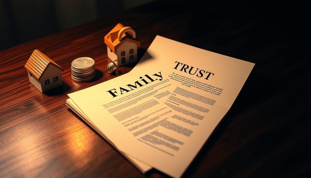 a detailed, meticulously rendered image of an open, polished wooden family trust document resting on a dark, mahogany table, surrounded by a neatly arranged vignette of symbols representing the benefits of a family trust - a house, a stack of coins, a family silhouette, and a lock icon, all illuminated by warm, directional lighting casting soft shadows to convey a sense of security, stability, and the lasting legacy of trust a detailed, meticulously rendered image of an open, polished wooden family trust document resting on a dark, mahogany table, surrounded by a neatly arranged vignette of symbols representing the benefits of a family trust - a house, a stack of coins, a family silhouette, and a lock icon, all illuminated by warm, directional lighting casting soft shadows to convey a sense of security, stability, and the lasting legacy of trust