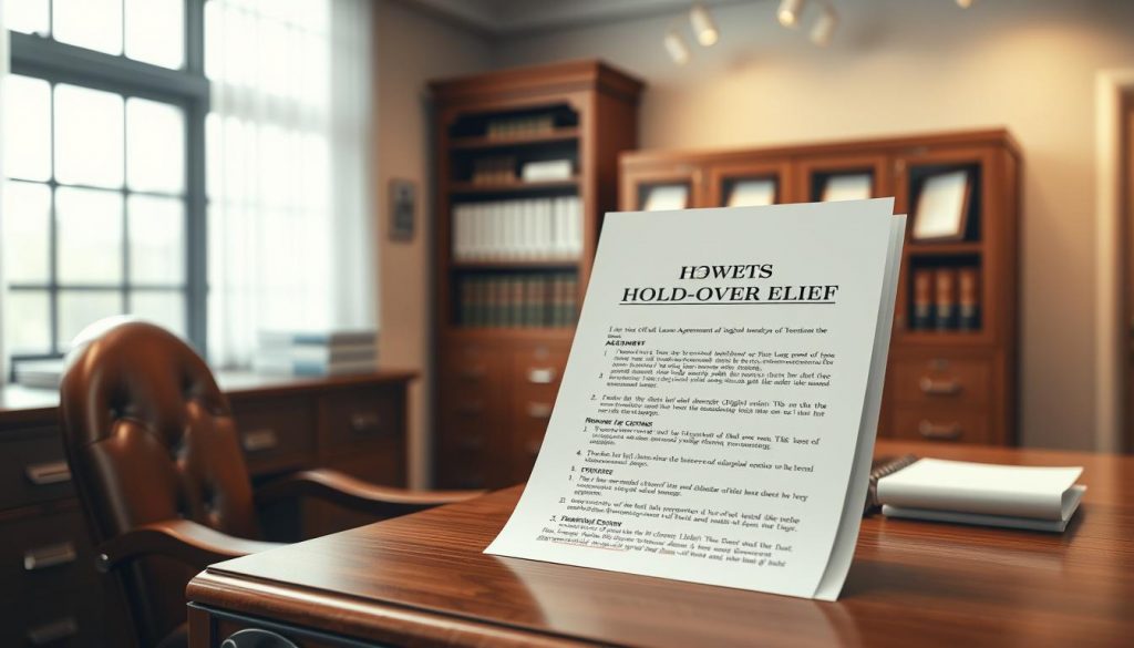 a detailed photorealistic 3D render of a hold over relief example, shot with a high-quality DSLR camera with a 50mm lens. the scene is set in a well-lit administrative office, with a wooden desk and chair in the foreground. on the desk, a legal document is prominently displayed, showcasing the key elements of a hold over relief, such as the original lease agreement, landlord's notice of termination, and tenant's application for an extension. the lighting is soft and diffused, creating a warm, professional atmosphere. the background features bookcases and filing cabinets, suggesting a formal, bureaucratic setting. the overall composition emphasizes the importance and legality of the hold over relief process.