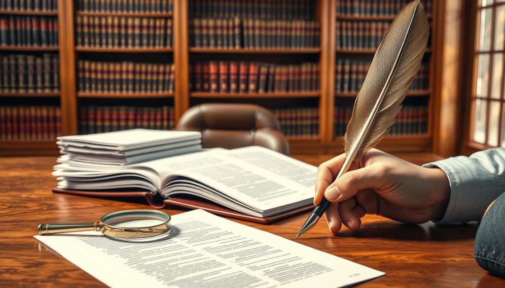 a detailed, photorealistic image of a well-lit office interior with a wooden desk, a stack of legal documents, and a feather quill pen. In the foreground, an open leather-bound notebook, a magnifier glass, and a businessman's hand signing a document. Behind the desk, floor-to-ceiling bookshelves filled with legal tomes. Warm, soft lighting illuminates the scene, creating a professional and authoritative atmosphere. The composition emphasizes the solemnity and importance of the will writing process.