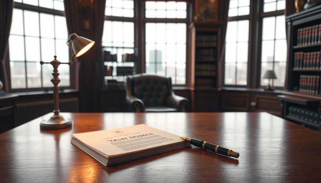 a detailed, photorealistic image of the essential elements required to create a trust deed, set against a dimly lit, elegant office interior with warm wooden accents and a subtle, professional atmosphere. In the foreground, a polished oak desk displays a stack of legal documents, a high-quality fountain pen, and a subtle brass desk lamp casting a soft, ambient glow. In the middle ground, a leather armchair and a bookshelf filled with legal volumes suggest an air of gravitas and expertise. The background features a large window overlooking a cityscape, with the soft, filtered daylight adding depth and dimension to the scene.