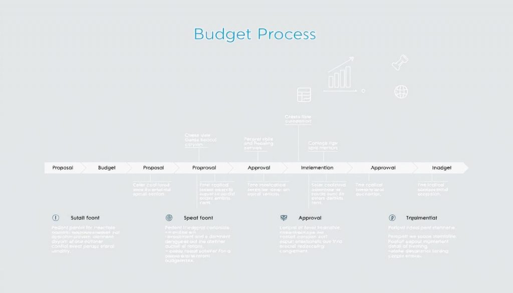 a detailed schematic diagram depicting the different stages and components of the budget process, set against a minimalist gray and blue color scheme. The foreground features clearly labeled sections for budget planning, proposal, review, approval, and implementation, each represented by relevant icons and concise labels. The middle ground showcases a timeline of the budgetary cycle, with key milestones and deadlines highlighted. The background subtly incorporates financial charts, graphs, and spreadsheet-inspired elements to reinforce the analytical nature of the budget process. The overall mood is one of organizational clarity, efficient workflow, and thoughtful fiscal management.