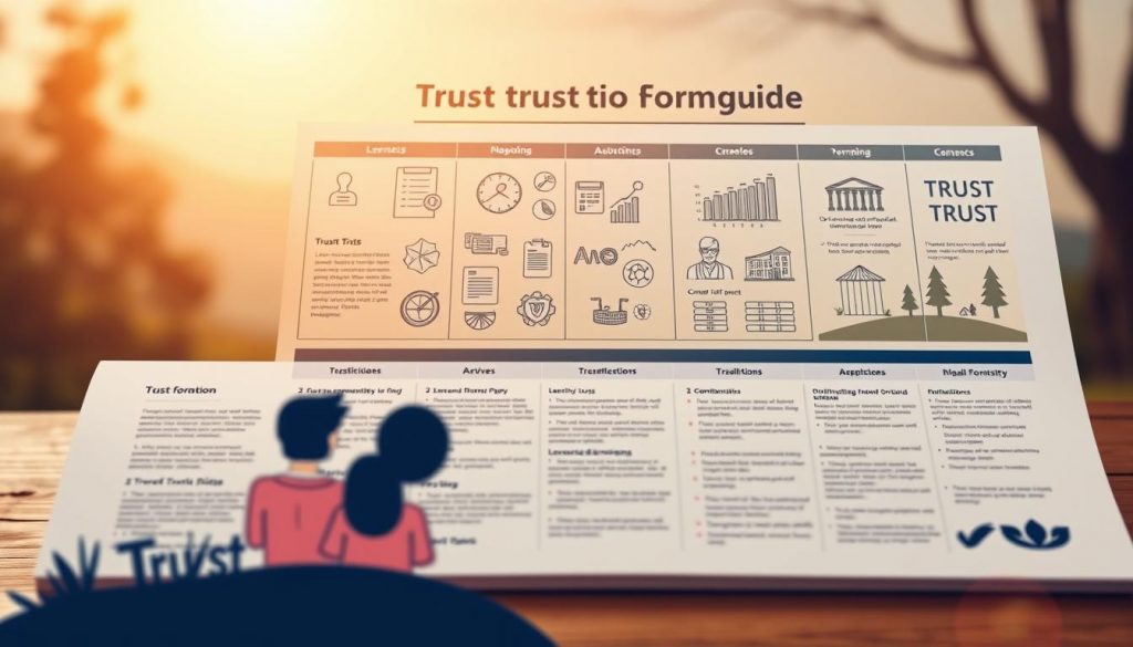 a detailed trust formation guide with a clear and organized layout, set against a warm and welcoming background. The foreground features a stylized illustration of a family or group of people, representing the core concept of trust and shared responsibility. The middle ground showcases various legal and financial elements, such as documents, graphs, and icons, conveying the technical aspects of trust formation. The background depicts a serene, natural landscape, evoking a sense of security, stability, and long-term planning. The lighting is soft and inviting, with a subtle, golden hue to create an atmosphere of trust and reliability. The overall composition is balanced, with a harmonious blend of the human, technical, and natural elements. a detailed trust formation guide with a clear and organized layout, set against a warm and welcoming background. The foreground features a stylized illustration of a family or group of people, representing the core concept of trust and shared responsibility. The middle ground showcases various legal and financial elements, such as documents, graphs, and icons, conveying the technical aspects of trust formation. The background depicts a serene, natural landscape, evoking a sense of security, stability, and long-term planning. The lighting is soft and inviting, with a subtle, golden hue to create an atmosphere of trust and reliability. The overall composition is balanced, with a harmonious blend of the human, technical, and natural elements.