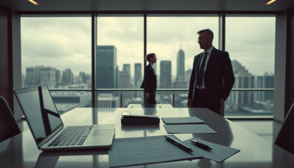 a dramatic, cinematic image of an estate planning concept for the "Using Hold Over Relief Strategically" section, set in a modern, minimalist office with floor-to-ceiling windows overlooking a city skyline. In the foreground, a professional-looking desk with a laptop, pen, and documents symbolizing the planning process. In the middle ground, two well-dressed people, possibly a lawyer and client, engaged in an important discussion. The background features a sleek, contemporary interior design with clean lines and a neutral color palette, conveying a sense of sophistication and attention to detail. The lighting is soft and diffused, creating a warm, contemplative atmosphere. The camera angle is slightly elevated, giving the viewer a sense of authority and oversight over the scene.