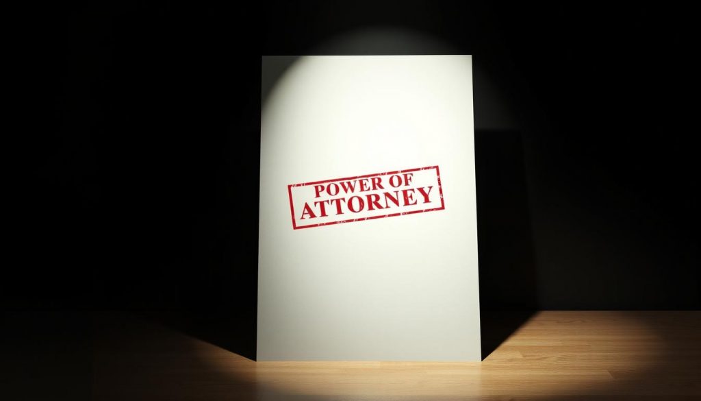a dramatic, photorealistic rendering of an empty legal document with a large red stamp in the center reading "POWER OF ATTORNEY" against a dark, somber background, lit by a single spotlight casting deep shadows, conveying the solemn and serious nature of the subject matter, with a sense of finality and closure after the passing of the principal