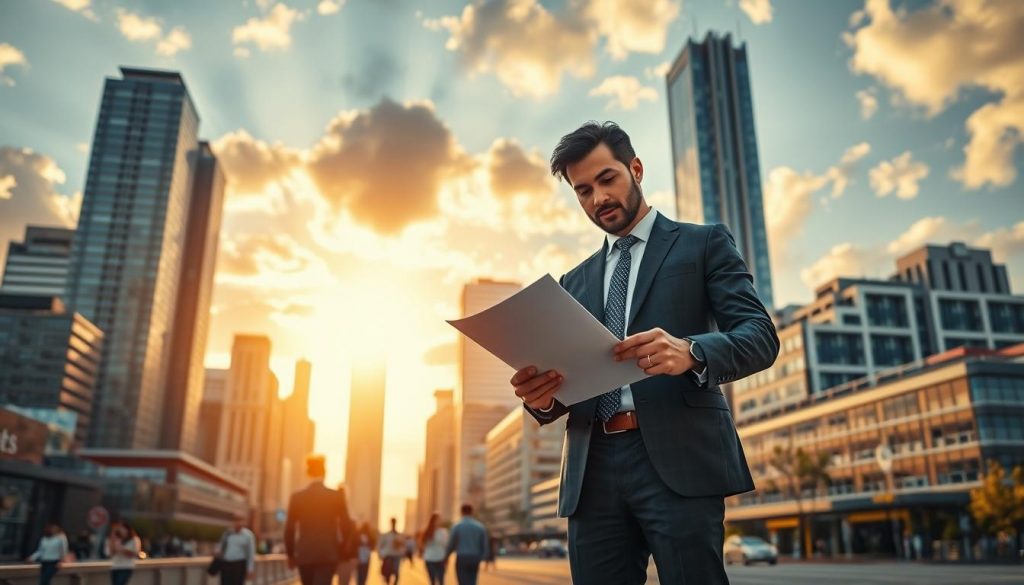 a dynamic cityscape with imposing skyscrapers and modern architecture, illuminated by warm, golden sunlight filtering through clouds. In the foreground, a well-dressed individual stands confidently, examining property investment documents held in their hands. The middle ground features a busy city street with people hurrying about their day, while the background showcases a mix of commercial and residential buildings, conveying a sense of growth and prosperity. The overall scene exudes an atmosphere of financial acumen, investment opportunities, and the tax implications associated with real estate holdings.