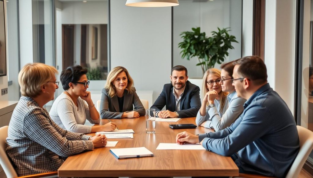 a group of diverse people sitting around a table in a well-lit, modern office, thoughtfully discussing and selecting trustees for a trust, with a warm, professional atmosphere and an air of responsibility and care a group of diverse people sitting around a table in a well-lit, modern office, thoughtfully discussing and selecting trustees for a trust, with a warm, professional atmosphere and an air of responsibility and care
