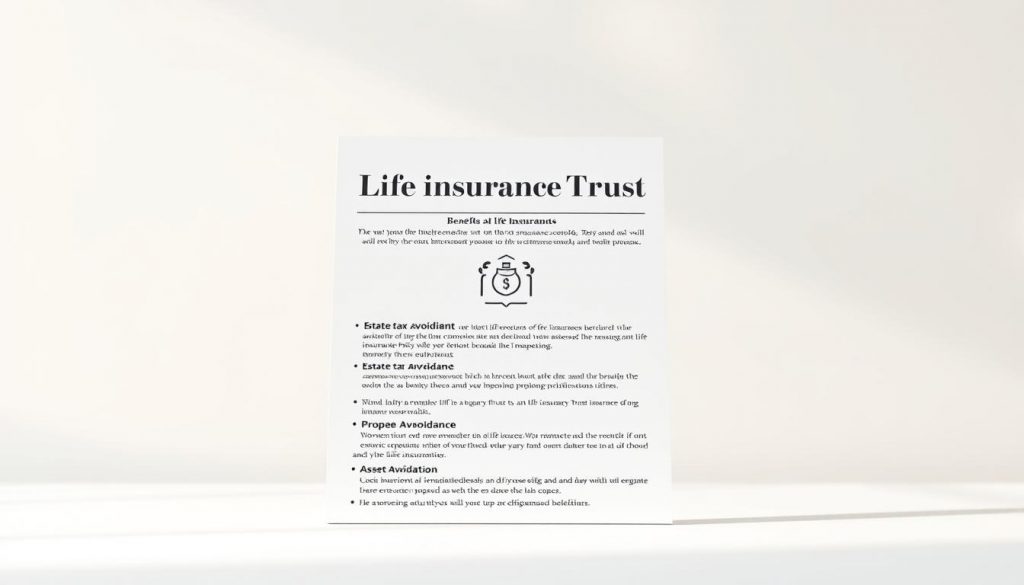 a high-quality photorealistic image of a life insurance trust benefits illustration, set against a clean, minimalist background. The foreground features a detailed rendering of a life insurance policy document, with clear and legible text showcasing the key benefits of a life insurance trust, such as estate tax avoidance, probate avoidance, and asset protection for beneficiaries. The middle ground includes a subtle, abstract graphic element representing the concept of financial security and legacy planning. The background is a simple, softly blurred gradient in calming, neutral tones that complement the overall composition. The lighting is natural and evenly distributed, creating a sense of clarity and professionalism. The final image conveys a mood of trustworthiness, reliability, and thoughtful financial planning.