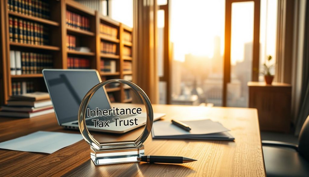 a high-resolution photograph of an inheritance tax UK trust, shown in a well-lit, modern office setting. In the foreground, a wooden desk with a laptop, pen, and paper documents. On the desk, a glass paperweight with the words "Inheritance Tax Trust" etched inside. In the middle ground, a large window overlooking a city skyline, bathed in warm, golden natural light. In the background, bookshelves filled with legal references and financial documents. The overall scene conveys a sense of professionalism, wealth management, and the importance of estate planning.