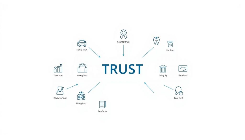 a highly detailed illustration of various types of trusts available in the UK, depicted in a clean, formal style with a white background. In the foreground, a central arrangement showcases the main trust types, such as a family trust, charitable trust, and pension trust, each illustrated with symbolic icons and minimal text labels. In the middle ground, a series of smaller icons or visualizations expands on additional trust varieties like living trusts, discretionary trusts, and bare trusts. The background features a subtle geometric pattern or minimal decorative elements that complement the overall professional, informative tone. The lighting is soft and even, with a focus on clarity and legibility to aid comprehension of the trust concepts. a highly detailed illustration of various types of trusts available in the UK, depicted in a clean, formal style with a white background. In the foreground, a central arrangement showcases the main trust types, such as a family trust, charitable trust, and pension trust, each illustrated with symbolic icons and minimal text labels. In the middle ground, a series of smaller icons or visualizations expands on additional trust varieties like living trusts, discretionary trusts, and bare trusts. The background features a subtle geometric pattern or minimal decorative elements that complement the overall professional, informative tone. The lighting is soft and even, with a focus on clarity and legibility to aid comprehension of the trust concepts.