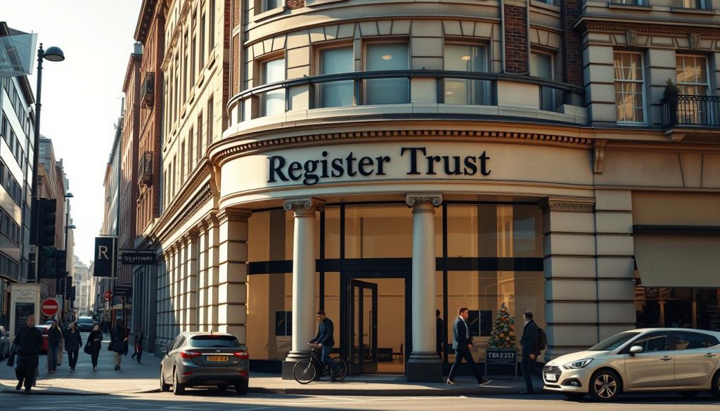 a highly detailed, photorealistic illustration of an official UK government registry or registration office, featuring a prominent sign reading "Register Trust UK" in classic serif font. The building is set against a backdrop of a bustling city street, with pedestrians and vehicles passing by. The scene is bathed in warm, natural lighting, creating a sense of professionalism and authority. The architecture blends elements of traditional British design with modern touches, conveying an image of a well-established, trustworthy institution. The overall composition emphasizes the importance and legitimacy of the UK's trust registration process. a highly detailed, photorealistic illustration of an official UK government registry or registration office, featuring a prominent sign reading "Register Trust UK" in classic serif font. The building is set against a backdrop of a bustling city street, with pedestrians and vehicles passing by. The scene is bathed in warm, natural lighting, creating a sense of professionalism and authority. The architecture blends elements of traditional British design with modern touches, conveying an image of a well-established, trustworthy institution. The overall composition emphasizes the importance and legitimacy of the UK's trust registration process.