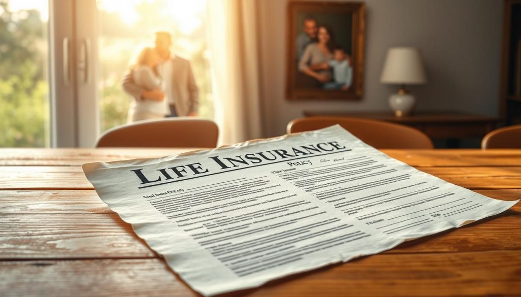 a highly detailed photorealistic image of a life insurance policy document resting on a wooden table, illuminated by soft natural light filtering through a nearby window. The policy document is slightly worn and aged, suggesting its importance and long-standing history. In the background, a family portrait hangs on the wall, conveying the document's purpose of protecting loved ones. The overall scene exudes a sense of security, trust, and the thoughtful planning involved in ensuring a family's financial future. a highly detailed photorealistic image of a life insurance policy document resting on a wooden table, illuminated by soft natural light filtering through a nearby window. The policy document is slightly worn and aged, suggesting its importance and long-standing history. In the background, a family portrait hangs on the wall, conveying the document's purpose of protecting loved ones. The overall scene exudes a sense of security, trust, and the thoughtful planning involved in ensuring a family's financial future.