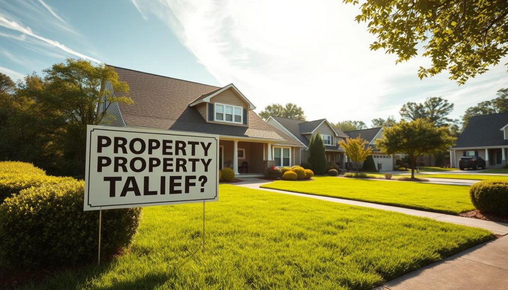 a highly detailed, photorealistic image of a suburban house with a large "PROPERTY TAX RELIEF" sign prominently displayed on the front lawn. The house has a well-manicured lawn, neatly trimmed hedges, and a freshly painted exterior. Sunlight filters through wispy clouds, casting a warm, calming glow over the scene. In the background, a lush, verdant neighborhood with other similar houses can be seen, emphasizing the tranquility and familiarity of the setting. The overall mood evokes a sense of financial security and relief, underscoring the concept of "hold over relief" from property taxes.
