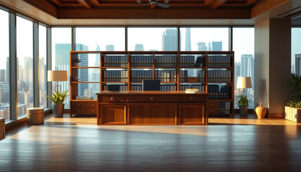 a highly detailed, photorealistic image of a trust administration office, with a large wooden desk in the foreground, a well-organized filing system on the shelves behind it, and a large window in the background overlooking a bustling city skyline. The lighting is warm and inviting, with soft shadows and highlights accentuating the intricate details of the furnishings and décor. The scene conveys a sense of professionalism, efficiency, and trust, with a subtle air of sophistication. The camera angle is slightly elevated, providing a panoramic view of the workspace, capturing the essence of the "Administration of the Trust" section.