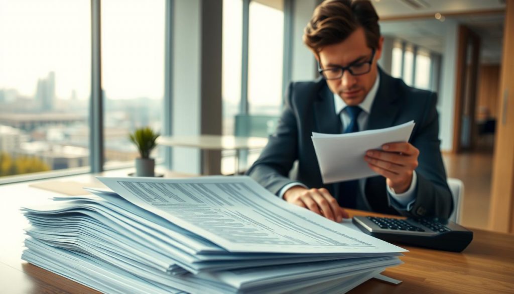 a highly detailed, photorealistic image of inheritance tax reliefs in the United Kingdom. the foreground features a stack of financial documents, tax forms, and a calculator against a warm, soft-focus background. the middle ground shows a person in a business suit studying the documents intently, with a thoughtful expression. the background is a modern, minimalist office space with clean lines, plenty of natural light, and a large window overlooking a cityscape. the overall mood is one of careful consideration and financial analysis. the lighting is well-balanced, with a slight sense of drama and depth. the composition and perspective create a sense of depth and focus on the key elements.