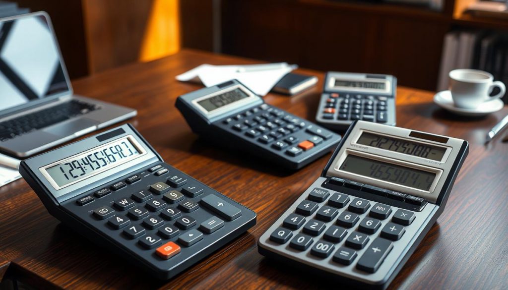 a highly detailed, photorealistic image of multiple inheritance tax calculators on a desk in a professional office setting. The calculators are modern, sleek, and high-tech, featuring large digital displays and various buttons and controls. The desk is made of dark wood and is neatly organized, with a laptop, some papers, and a cup of coffee nearby. The room is well-lit, with warm, directional lighting creating shadows and highlights that accentuate the form and texture of the calculators. The overall mood is one of focus, efficiency, and financial expertise, conveying the importance of accurately calculating inheritance tax through the use of specialized tools. a highly detailed, photorealistic image of multiple inheritance tax calculators on a desk in a professional office setting. The calculators are modern, sleek, and high-tech, featuring large digital displays and various buttons and controls. The desk is made of dark wood and is neatly organized, with a laptop, some papers, and a cup of coffee nearby. The room is well-lit, with warm, directional lighting creating shadows and highlights that accentuate the form and texture of the calculators. The overall mood is one of focus, efficiency, and financial expertise, conveying the importance of accurately calculating inheritance tax through the use of specialized tools.