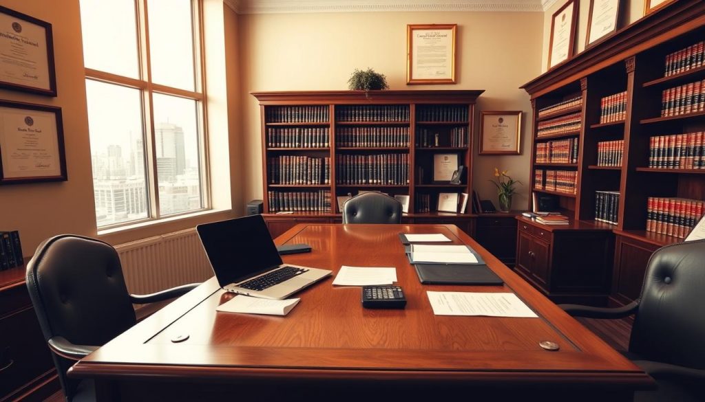 a large oak desk in a well-lit, spacious law office, with a laptop, documents, and a calculator neatly arranged. Behind the desk, a tall bookshelf filled with legal tomes. The walls are adorned with framed certificates and accolades. Through the window, a view of a bustling city skyline. Warm, natural lighting illuminates the scene, creating a professional and authoritative atmosphere. The overall impression is one of expertise, diligence, and the careful management of complex financial and legal matters related to inheritance tax relief.