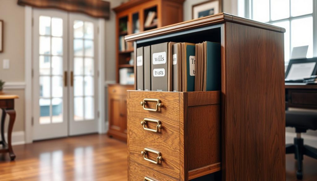 a large oak filing cabinet with brass hardware, sitting in a well-lit home office with warm hardwood floors and soft, diffused lighting from a nearby window. the cabinet is open, revealing neatly organized folders labeled "power of attorney", "wills", and "trusts". the background is blurred, but suggests a comfortable, professional environment, with subtle hints of paperwork and legal documents on a desk nearby. the overall scene conveys a sense of security, organization, and attention to detail in estate planning document management. a large oak filing cabinet with brass hardware, sitting in a well-lit home office with warm hardwood floors and soft, diffused lighting from a nearby window. the cabinet is open, revealing neatly organized folders labeled "power of attorney", "wills", and "trusts". the background is blurred, but suggests a comfortable, professional environment, with subtle hints of paperwork and legal documents on a desk nearby. the overall scene conveys a sense of security, organization, and attention to detail in estate planning document management.