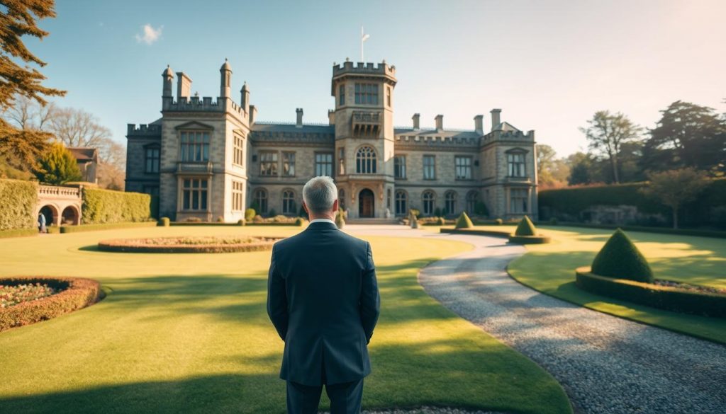 a large ornate stone manor house set in a sprawling estate with lush green lawns, manicured hedges, and a winding gravel driveway. The manor features intricate architecture, with turrets, arched windows, and a prominent central tower. Sunlight casts a warm glow across the scene, creating a sense of timeless elegance. In the foreground, a well-dressed individual stands, surveying the grounds, symbolizing the legal and administrative responsibilities of estate management. The overall atmosphere conveys the grandeur, tradition, and importance of the estate planning process in the United Kingdom. a large ornate stone manor house set in a sprawling estate with lush green lawns, manicured hedges, and a winding gravel driveway. The manor features intricate architecture, with turrets, arched windows, and a prominent central tower. Sunlight casts a warm glow across the scene, creating a sense of timeless elegance. In the foreground, a well-dressed individual stands, surveying the grounds, symbolizing the legal and administrative responsibilities of estate management. The overall atmosphere conveys the grandeur, tradition, and importance of the estate planning process in the United Kingdom.