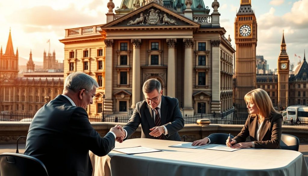 a meticulously crafted image of a trust being established in the United Kingdom, depicted in a realistic and detailed manner. In the foreground, a group of individuals, dressed in professional attire, are gathered around a table, signing legal documents and exchanging handshakes, conveying the formal and authoritative nature of the trust-building process. The middle ground features a majestic, Neo-Gothic style building, likely a law firm or financial institution, with ornate architectural details and a grand entrance, symbolizing the credibility and reliability of the trust establishment. In the background, a cityscape of London's iconic landmarks, such as the Houses of Parliament and the Big Ben, creates a sense of national pride and institutional stability. The scene is illuminated by warm, natural lighting, casting a sense of trust, security, and professionalism, reflecting the key reasons for establishing a trust in the UK. a meticulously crafted image of a trust being established in the United Kingdom, depicted in a realistic and detailed manner. In the foreground, a group of individuals, dressed in professional attire, are gathered around a table, signing legal documents and exchanging handshakes, conveying the formal and authoritative nature of the trust-building process. The middle ground features a majestic, Neo-Gothic style building, likely a law firm or financial institution, with ornate architectural details and a grand entrance, symbolizing the credibility and reliability of the trust establishment. In the background, a cityscape of London's iconic landmarks, such as the Houses of Parliament and the Big Ben, creates a sense of national pride and institutional stability. The scene is illuminated by warm, natural lighting, casting a sense of trust, security, and professionalism, reflecting the key reasons for establishing a trust in the UK.