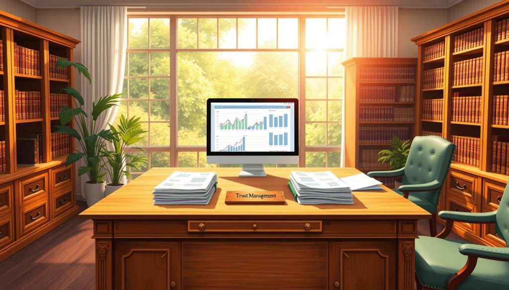 a meticulously detailed digital illustration of a trust administration office, bathed in warm, natural lighting from large windows overlooking a lush, verdant garden. On the central oak desk, a stack of carefully organized financial documents, a computer displaying charts and graphs, and a brass nameplate emblazoned with "Trust Management". Bookcases line the walls, filled with legal volumes and ledgers, while a comfortable armchair invites contemplation of the room's serene, professional atmosphere, perfectly suited to the thoughtful management of assets entrusted to one's care.