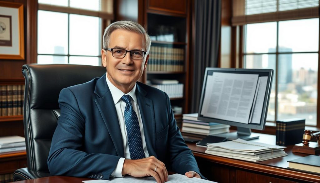 a middle-aged Caucasian male estate planning lawyer sitting at a desk in a traditional office, wearing a navy blue suit and tie, with a serious yet approachable expression on his face, surrounded by legal documents, books, and a computer monitor, in a well-lit, classic-style office with wood paneling and a large window overlooking a city skyline, creating an atmosphere of professionalism and expertise