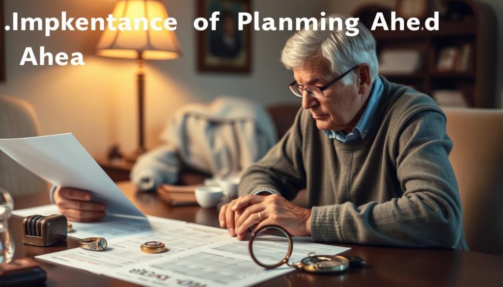a middle-aged couple sitting at a table, deep in thought, surrounded by financial documents, a family heirloom, and a magnifying glass, the room illuminated by warm, soft lighting, creating an atmosphere of serious contemplation and careful planning, the couple's expressions conveying the gravity and importance of their inheritance tax planning decisions, the scene capturing the essence of the "Importance of Planning Ahead" section of the article a middle-aged couple sitting at a table, deep in thought, surrounded by financial documents, a family heirloom, and a magnifying glass, the room illuminated by warm, soft lighting, creating an atmosphere of serious contemplation and careful planning, the couple's expressions conveying the gravity and importance of their inheritance tax planning decisions, the scene capturing the essence of the "Importance of Planning Ahead" section of the article