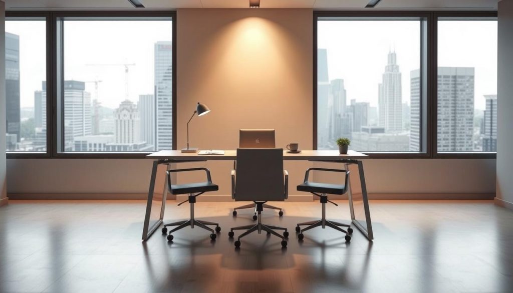 a modern office scene with a sleek, minimalist desk and chair arrangement, against a backdrop of large windows overlooking a bustling cityscape. The desk is adorned with a laptop, a few carefully placed documents, and a small plant, creating a professional yet inviting atmosphere. Warm, directional lighting from overhead casts a soft glow, highlighting the clean lines and neutral tones of the space. The scene conveys a sense of organization, efficiency, and thoughtful design, reflecting the subject of "inheritance tax relief" and the "Eligibility Criteria for Hold Over Relief" section of the article.