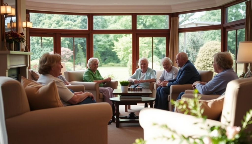 a peaceful and well-lit care home interior, with a warm and inviting atmosphere. The foreground features a cozy living room setting, with plush armchairs, a coffee table, and a fireplace. The middle ground showcases a group of elderly residents engaged in a board game or card game, their faces expressing contentment and a sense of community. The background depicts a serene garden view through large windows, with lush greenery and a calming ambiance. The lighting is soft and natural, creating a relaxing and tranquil mood. The overall scene conveys a sense of security, comfort, and thoughtful planning for care home fees.
