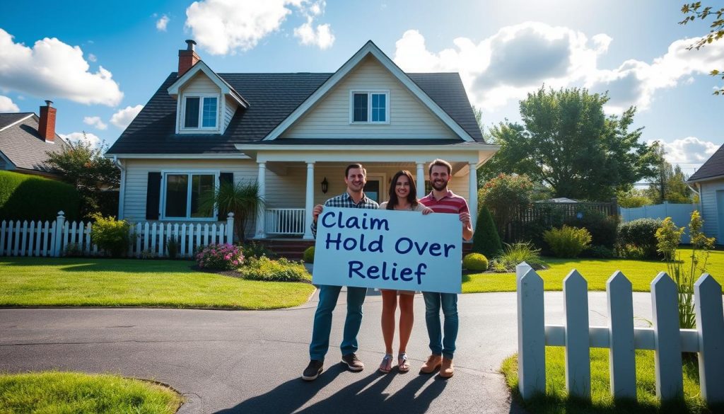 a peaceful, sunlit home with a lush green lawn, surrounded by a picket fence. In the foreground, a smiling family stands on the porch, holding a "Claim Hold Over Relief" sign, conveying a sense of relief and security. The middle ground features well-manicured gardens and a neatly kept driveway. The background depicts a serene, blue sky with fluffy white clouds, creating a calming and tranquil atmosphere. The lighting is soft and natural, highlighting the warm, inviting tone of the scene. The angle is slightly elevated, offering a comprehensive view of the property and the family's contentment with their legal rights and property ownership.