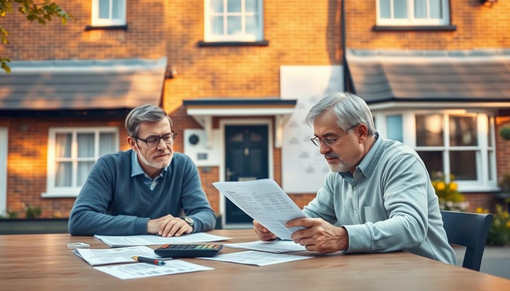 a realistic digital illustration of inheritance tax planning in the UK. the foreground shows a middle-aged couple sitting at a table reviewing financial documents, with a desktop computer and calculator on the table. the middle ground shows a family tree diagram on the wall behind them, with various branches and names. the background depicts a classic British townhouse exterior with an elegant brick facade, sash windows, and a slate roof, all bathed in warm, afternoon sunlight. the overall mood is one of thoughtful consideration, with a sense of careful planning and attention to detail. a realistic digital illustration of inheritance tax planning in the UK. the foreground shows a middle-aged couple sitting at a table reviewing financial documents, with a desktop computer and calculator on the table. the middle ground shows a family tree diagram on the wall behind them, with various branches and names. the background depicts a classic British townhouse exterior with an elegant brick facade, sash windows, and a slate roof, all bathed in warm, afternoon sunlight. the overall mood is one of thoughtful consideration, with a sense of careful planning and attention to detail.