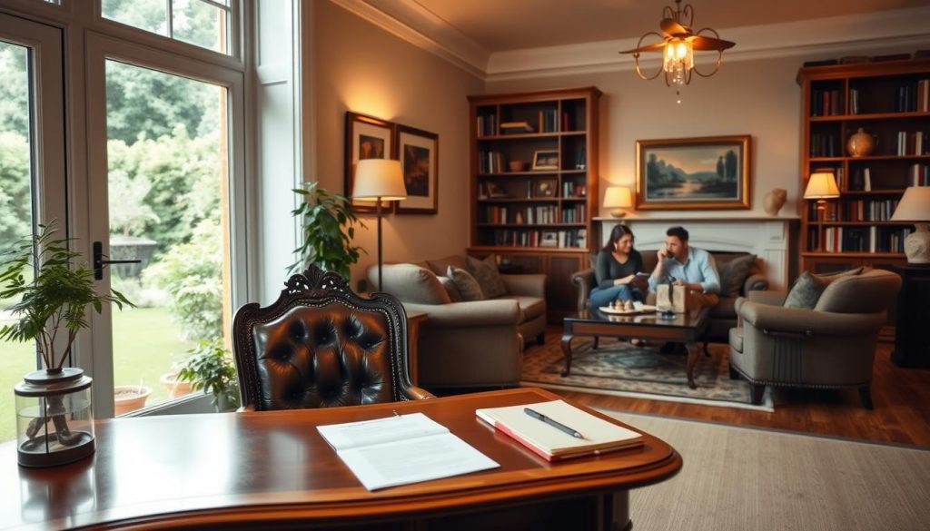 a serene and thoughtful atmosphere, with a well-appointed home office in the foreground, featuring an antique wooden desk, a leather chair, and a large window overlooking a lush garden. In the middle ground, a family gathered around a coffee table, discussing important documents and papers. The background depicts a cozy living room with bookshelves, framed artwork, and warm lighting, conveying a sense of security and legacy. The overall scene suggests the importance of estate planning for UK families, with a focus on careful consideration, family involvement, and a desire to protect one's assets and loved ones. a serene and thoughtful atmosphere, with a well-appointed home office in the foreground, featuring an antique wooden desk, a leather chair, and a large window overlooking a lush garden. In the middle ground, a family gathered around a coffee table, discussing important documents and papers. The background depicts a cozy living room with bookshelves, framed artwork, and warm lighting, conveying a sense of security and legacy. The overall scene suggests the importance of estate planning for UK families, with a focus on careful consideration, family involvement, and a desire to protect one's assets and loved ones.