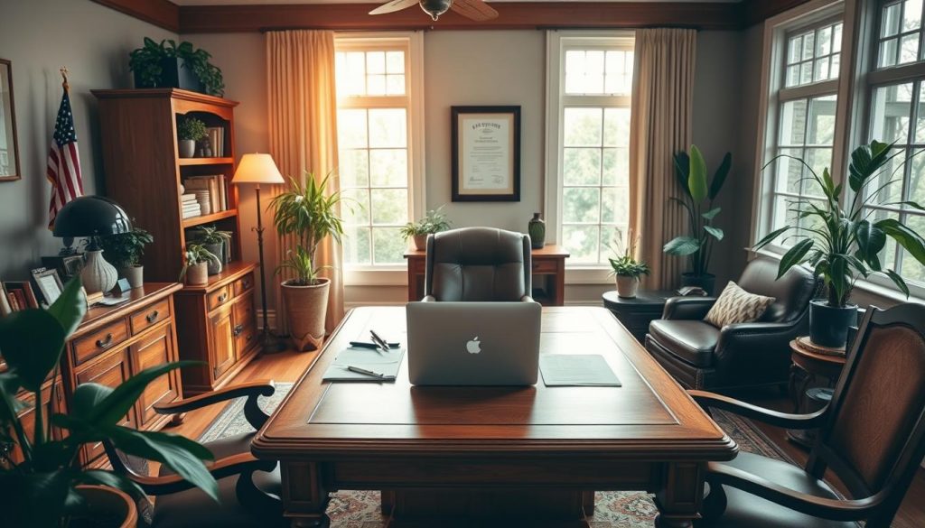 a serene, meticulously arranged home office with oak furniture, lush indoor plants, and warm lighting creating a cozy, professional atmosphere. in the center, a large wooden desk with a laptop, pen holder, and carefully organized documents. on the wall behind the desk, a framed certificate or diploma suggests expertise in estate planning. the room is flooded with natural light from large windows, casting a soft glow over the scene. the overall mood is one of tranquility, competence, and attention to detail, conveying the importance of responsible estate planning. a serene, meticulously arranged home office with oak furniture, lush indoor plants, and warm lighting creating a cozy, professional atmosphere. in the center, a large wooden desk with a laptop, pen holder, and carefully organized documents. on the wall behind the desk, a framed certificate or diploma suggests expertise in estate planning. the room is flooded with natural light from large windows, casting a soft glow over the scene. the overall mood is one of tranquility, competence, and attention to detail, conveying the importance of responsible estate planning.