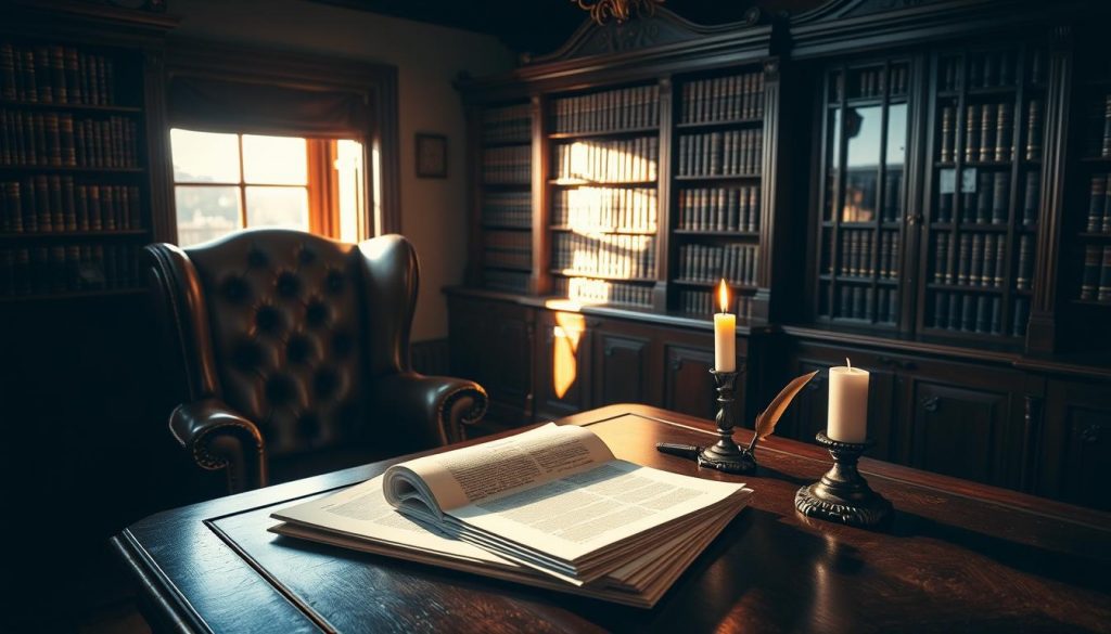 a somber, dimly lit study with a large mahogany desk, weathered leather armchair, and a bookshelf filled with law books in the background. On the desk, a stack of official documents, a quill pen, and a lit candle casting flickering shadows. Sunlight streams in through a window, illuminating the room with a warm, golden glow. The mood is one of contemplation and the weight of important decisions, reflecting the gravity of estate planning. a somber, dimly lit study with a large mahogany desk, weathered leather armchair, and a bookshelf filled with law books in the background. On the desk, a stack of official documents, a quill pen, and a lit candle casting flickering shadows. Sunlight streams in through a window, illuminating the room with a warm, golden glow. The mood is one of contemplation and the weight of important decisions, reflecting the gravity of estate planning.