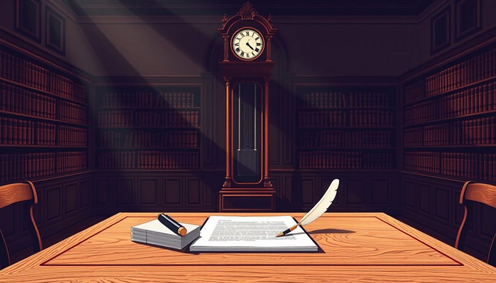 a sophisticated, high-contrast illustration of a UK inheritance tax trust, with a solid oak desk in the foreground, displaying a stack of documents and a quill pen. In the middle ground, a large, ornate grandfather clock stands, casting long shadows across the room. The background features a dimly lit, ornate library setting, with rows of leather-bound books lining the walls. The overall mood is one of wealth, tradition, and the intricacies of estate planning, conveying the sense of responsibility and care required in setting up an inheritance tax trust.