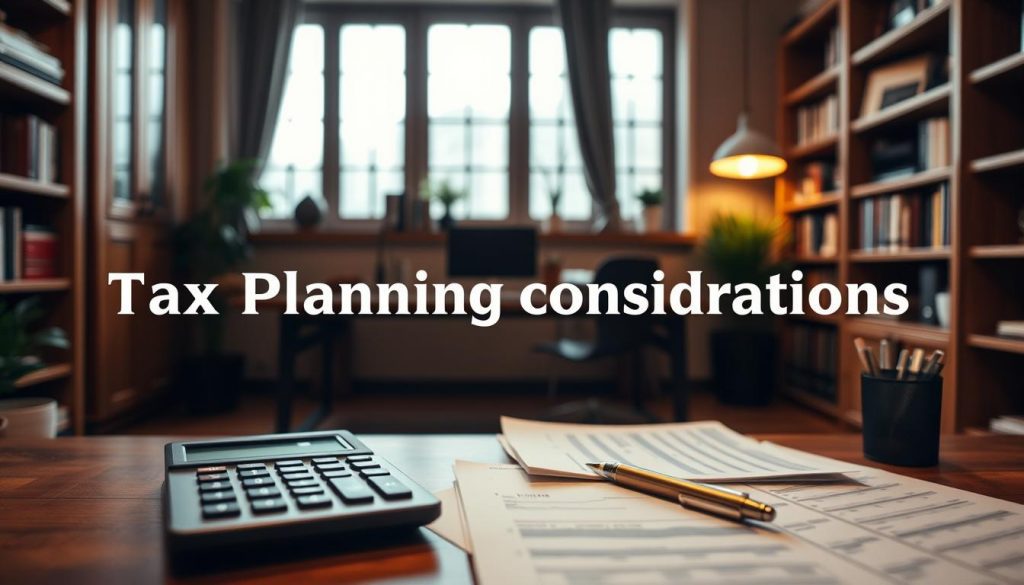 a thoughtful, serene scene of tax planning considerations, with a desktop arrangement in the foreground featuring a calculator, pen, and financial documents artfully arranged, set against a backdrop of a home office or study with warm wooden tones, bookshelves, and a large window allowing in natural light, conveying a sense of considered focus and careful planning, using a soft, muted color palette and subtle lighting to create a contemplative, professional atmosphere