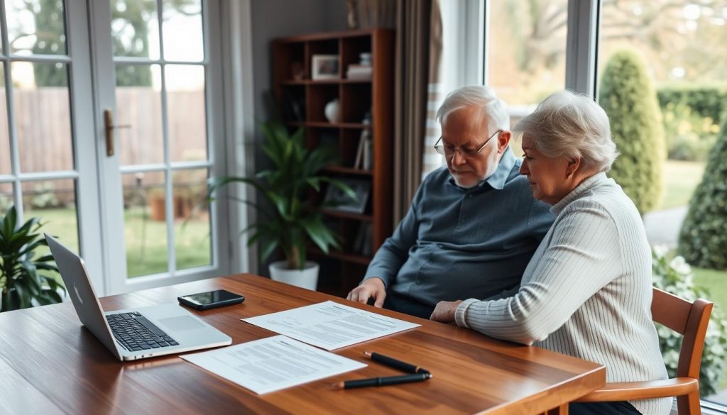 a tranquil home office with a large window overlooking a serene garden, a laptop and legal documents on a modern wooden desk, soft natural lighting illuminating the scene, an elderly couple discussing estate planning documents together, a sense of security and thoughtfulness pervades the atmosphere a tranquil home office with a large window overlooking a serene garden, a laptop and legal documents on a modern wooden desk, soft natural lighting illuminating the scene, an elderly couple discussing estate planning documents together, a sense of security and thoughtfulness pervades the atmosphere