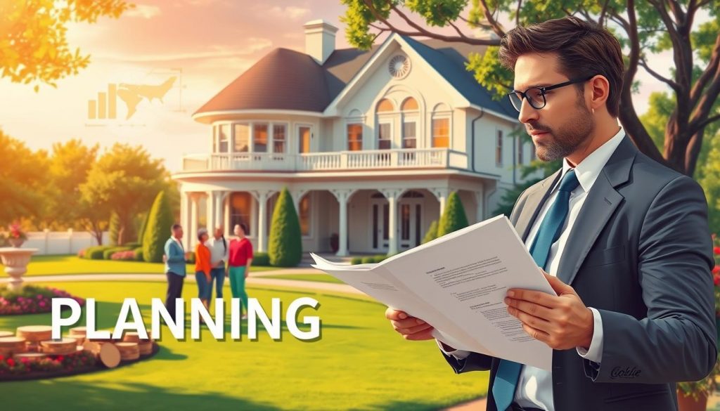a vibrant, detailed illustration of the tax benefits of estate planning, showcasing a well-appointed home and grounds, with a sharply-dressed professional in the foreground discussing financial documents with a family. The image should convey a sense of security, wealth, and careful planning, with warm lighting and a slightly elevated camera angle to suggest an authoritative, expert perspective. The background should include subtle visual cues like financial charts, legal books, or other estate planning iconography to reinforce the theme. The overall mood should be one of confidence, prosperity, and the peace of mind that comes from responsible financial stewardship.