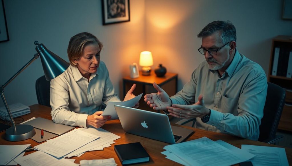 digital legacy management, two people sitting at a desk discussing legal documents, middle-aged adults, warm lighting from desk lamp, minimal office decor, papers scattered on desk, laptop and folders, serious expressions, hands gesturing, complex yet organized scene, subtle blue and grey tones, cinematic camera angle slightly from above, creating a sense of careful planning and decision-making for the future